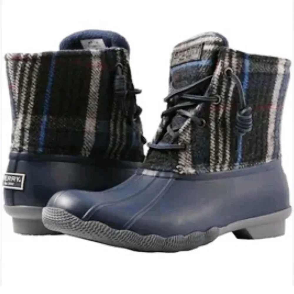 Sperry Navy/ Plaid Wool Saltwater Duck Boots Sz 8.5
